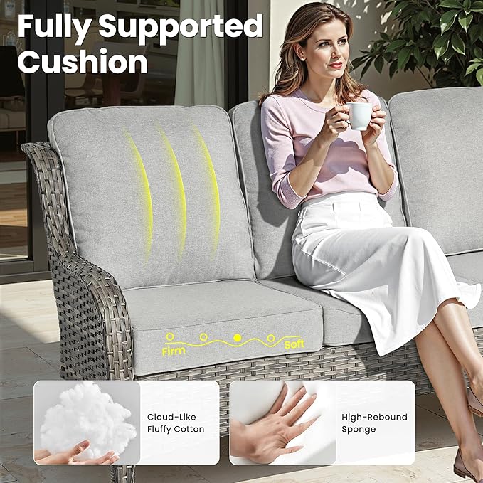 ovios 6 Pieces Patio Furniture Set, Outdoor Wicker Sofas with Glass Coffee Table and Comfy Cushions, All Weather High Back Couch Set for Deck Porch, Grey Rattan, Grey