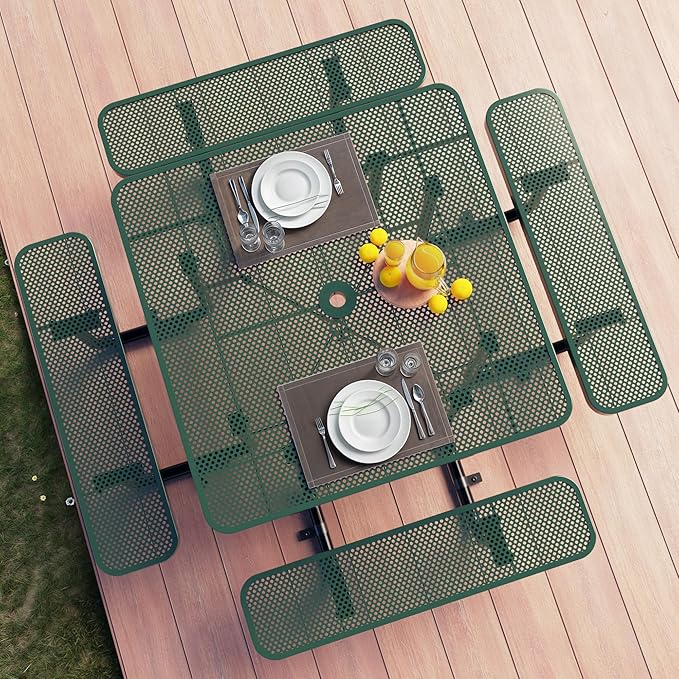 Metal Picnic Tables for Outdoors with Umbrella Hole - Coated Steel Heavy Duty Commercial Grade Table with Adjustable Seats (Green, 46 in, Square, Punched Steel)