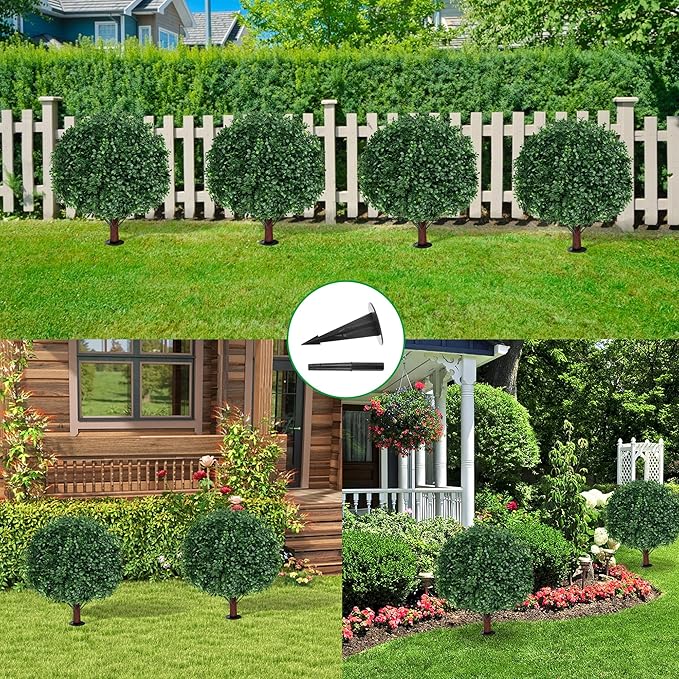 Artificial Boxwood Topiary Ball Tree with Ground Spike, Set of 2 Artificial Shrub Bushes, Fake Evergreen Tree for Porch, Artificial Plants for Outdoor Planters Indoor UV Resistant
