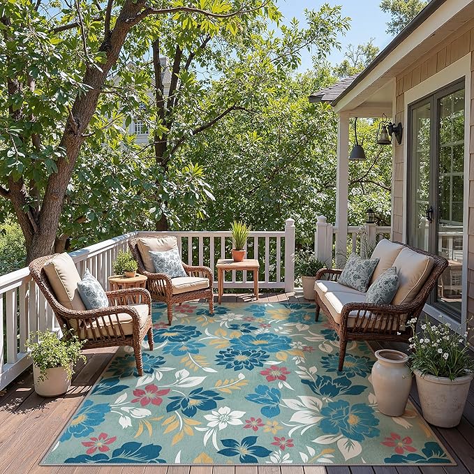 GENIMO Indoor Outdoor Area Rug 8' X 10' Waterproof, Washable Patio Rug Non Shedding, Easy Cleaning Floral Outdoor Carpet for Living Room, Bedroom, Dining Room, Balcony, Backyard, Deck, RV, Blue Grey