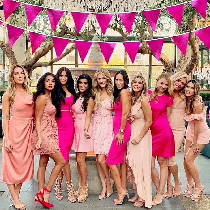 Hot Pink Party Decorations Triangle Pennant Banner Flag Rose Pink Metallic Fabric Bunting Garland for Birthday Bachelorette Wedding Bridal Shower Anniversary Flamingo Theme Party Supplies