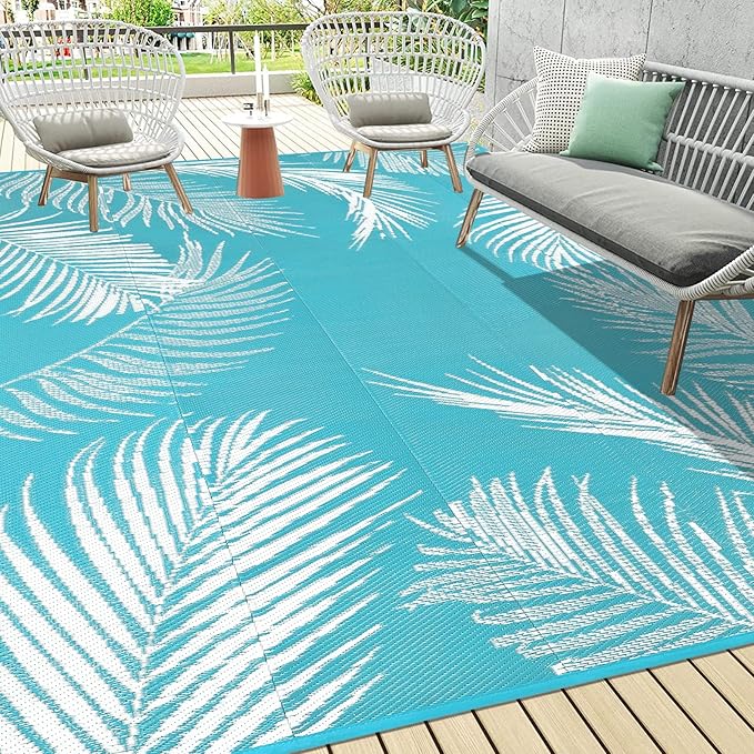 Pauwer Waterproof Outdoor Rug 10x14, Reversible Plastic Straw Patio Camping Rug, Indoor Outdoor RV Mat Carpet for Deck, Camper, Porch, Balcony, Backyard, Picnic, Leaf Teal