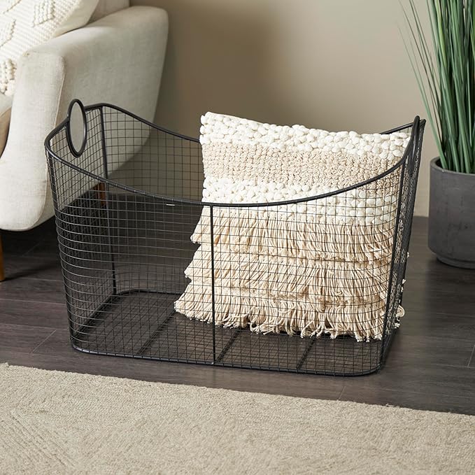 Deco 79 Metal Decorative and Functional Storage Basket Deep Basket Organizer with Round Handles, Basket for Storage 20" x 18" x 20", Black