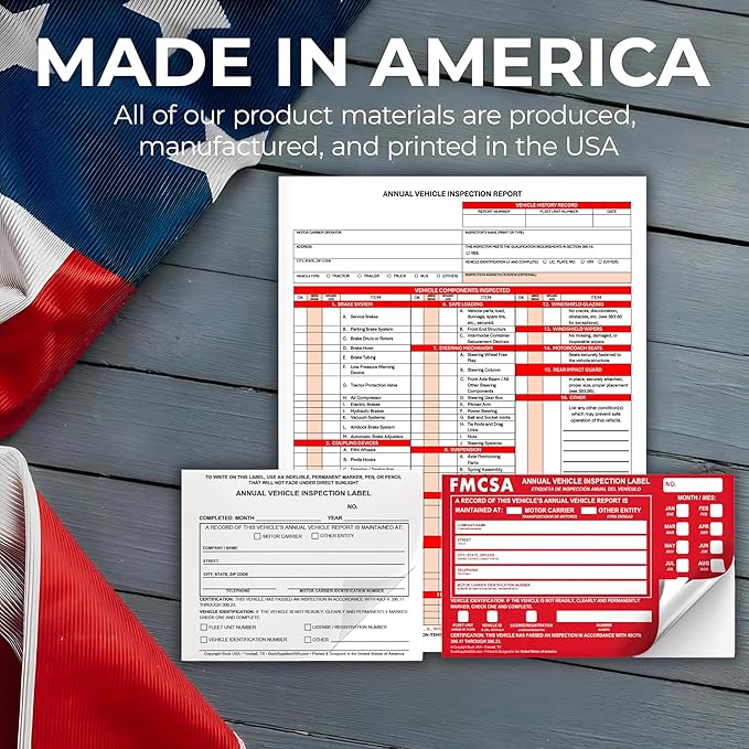50 Pack 3-Ply Carbonless Annual Vehicle Inspection Report Forms with FMCSA Red Aluminum Labels & White Mylar Laminate Vinyl Labels, DOT Inspection Forms and Stickers, Shrink-Wrapped, 8.5" x 11.75"