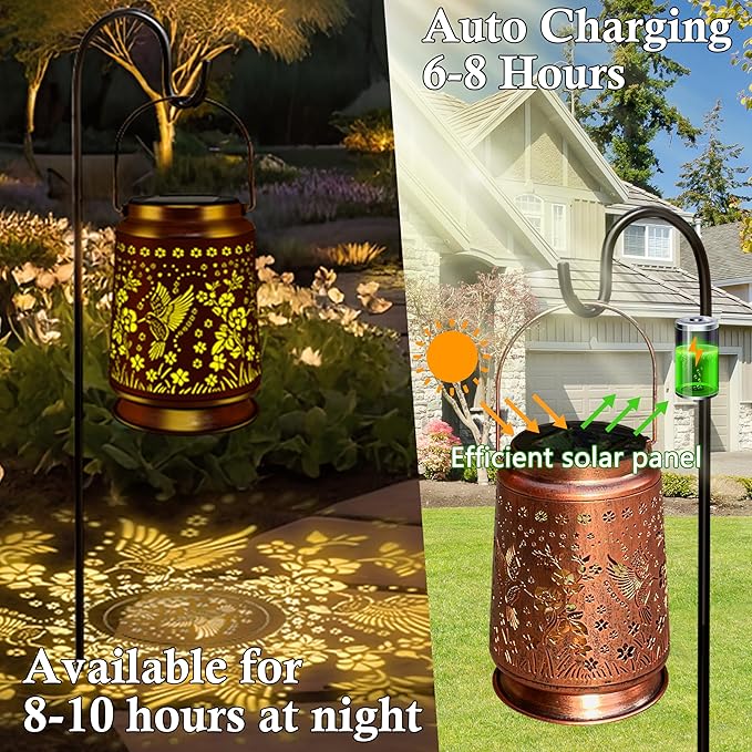 KY&BOSAM Solar Hummingbird Lanterns Outdoor Waterproof, Metal Openwork LED Hanging Solar Lights Outside Decorative for Yard Patio Backyard Deck Porch Garden Decor Birthday Gifts for Women Mom Grandma