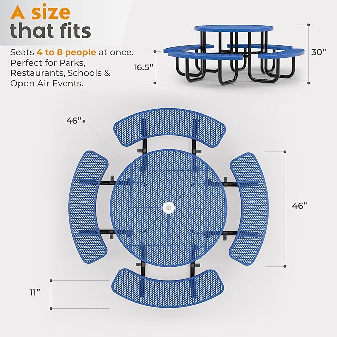 Metal Picnic Tables for Outdoors with Umbrella Hole - Coated Steel Heavy Duty Commercial Grade Table with Adjustable Seats (Blue, 46 in, Round, Expanded Steel)