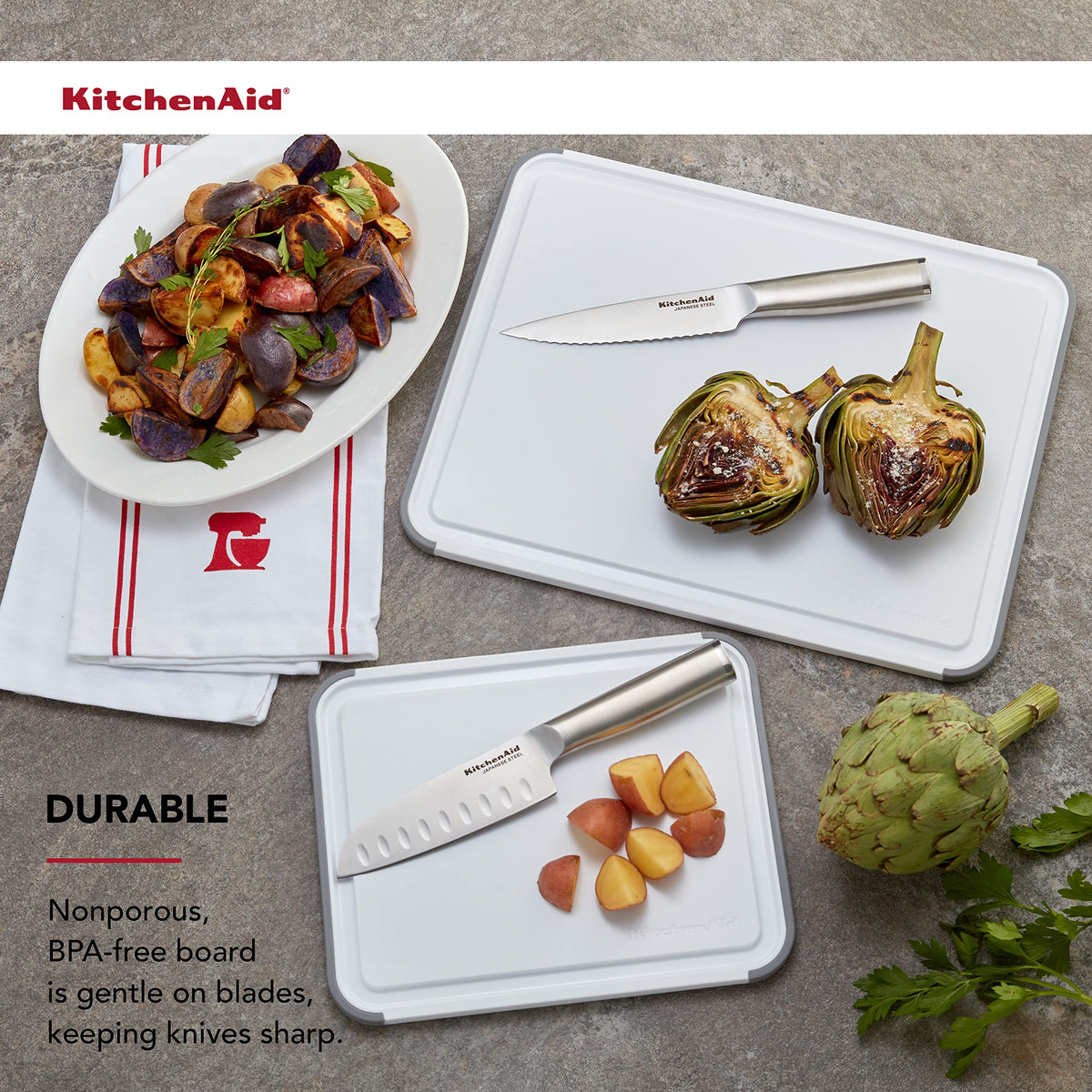 KitchenAid Classic Nonslip 2-Piece Plastic Cutting Board Set with Perimeter Trench and Non Slip Edges, 2-Piece Kitchen Chopping Boards, Dishwasher-Safe, White and Gray