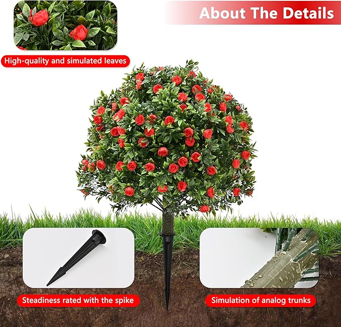 28" Artificial Boxwood Topiary Tree with Rose, Set of 2 Artificial Shrub Bushes with Ground Spike, Fake Evergreen Tree for Porch, Artificial Plants for Outdoor Planters Indoor UV Resistant