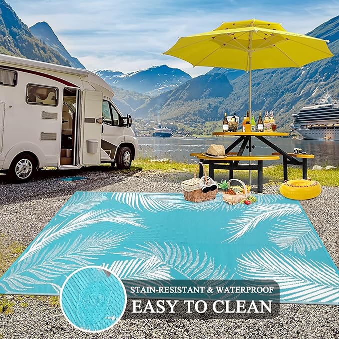 Pauwer Waterproof Outdoor Rug 8x10, Reversible Plastic Straw Patio Camping Rug, Indoor Outdoor RV Mat Carpet for Deck, Camper, Porch, Balcony, Backyard, Picnic, Leaf Teal