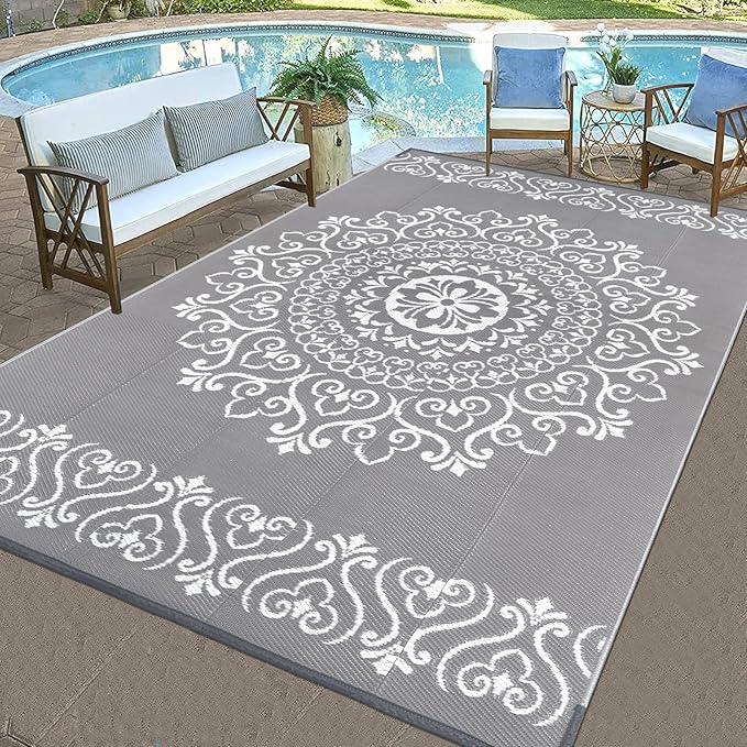 Pauwer Waterproof Outdoor Rug 6x9, Reversible Plastic Straw Patio Camping Rug, Indoor Outdoor RV Mat Carpet for Deck, Camper, Porch, Balcony, Backyard, Picnic, Floral Grey