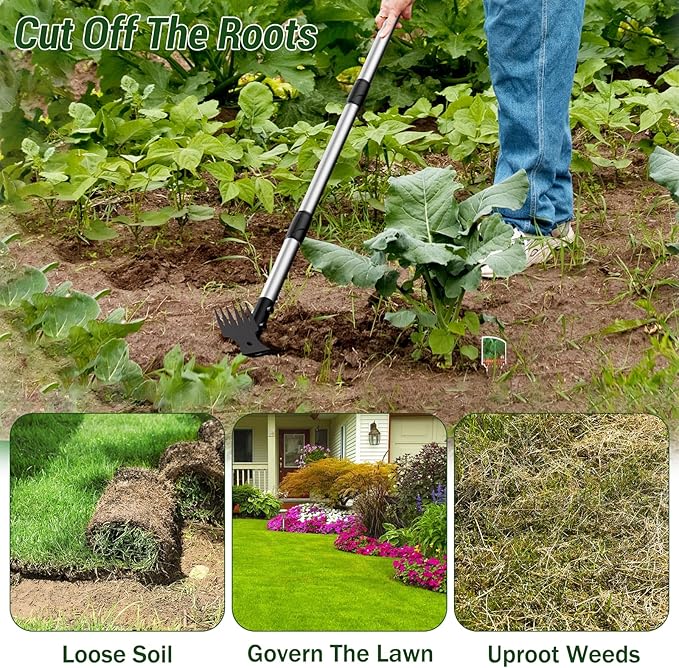 Long Handle Weed Puller Tool – 2-in-1 Handle Garden Hoe and Weed Rake, Hoe Garden Tool for Home Gardens, Lawns, and Yards