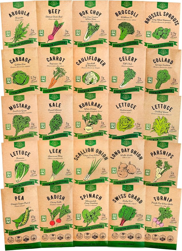 Organo Republic 25 Winter Vegetable & Green Seeds Variety Pack for Outdoors & Indoor Home Gardening 27670+ Non-GMO Heirloom Seeds: Broccoli Beet Carrot Collard Lettuce Radish Spinach Pea Kohlrabi