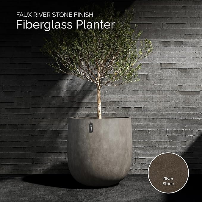 Mondo Large Planter – River Stone Finish – Fiberglass Indoor/Outdoor and Weather-Resistant Round Planter (39.4" D x 39.4" H Exterior, 37.8" D x 39.4" H Interior)