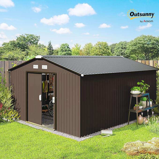 Outsunny 11' x 13' Outdoor Storage Shed, Garden Tool Metal Shed with Foundation Kit, Double Lockable Door, Air Vents and Sloping Roof, for Backyard, Patio, Lawn, Brown