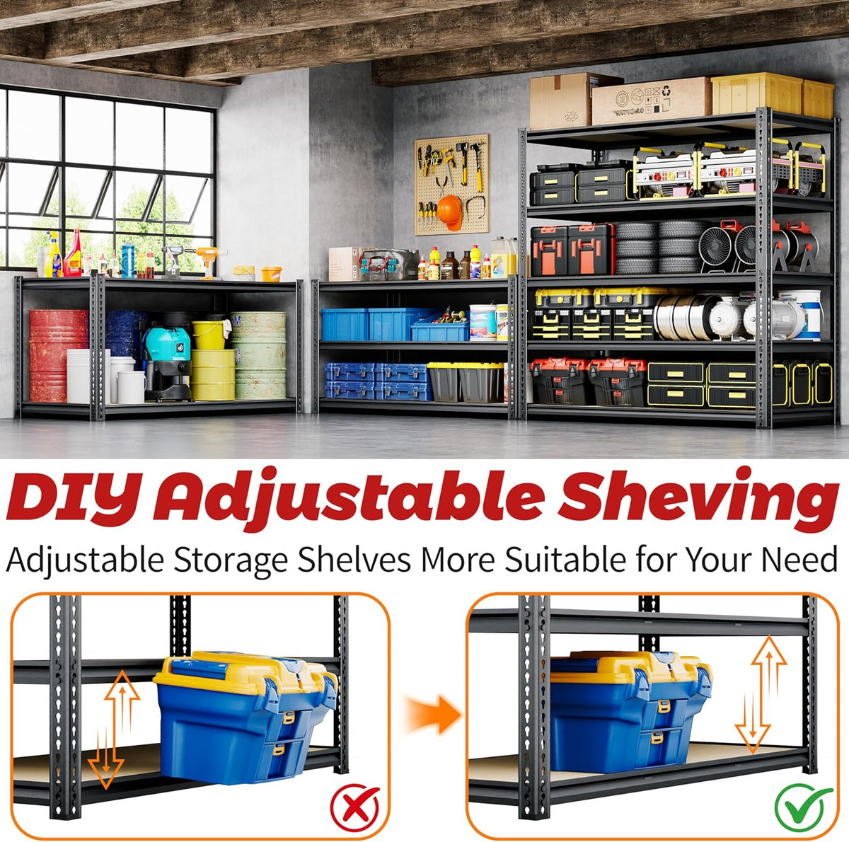 48"W Garage Shelving, 3050LBS Storage Shelves heavy duty, 5 Tier Metal Shelving Unit Adjustable Garage Shelves Heavy Duty Shelving for Warehouse,Commercial, Kitchen, 48" W × 24" D × 72" H, Black，2PCS