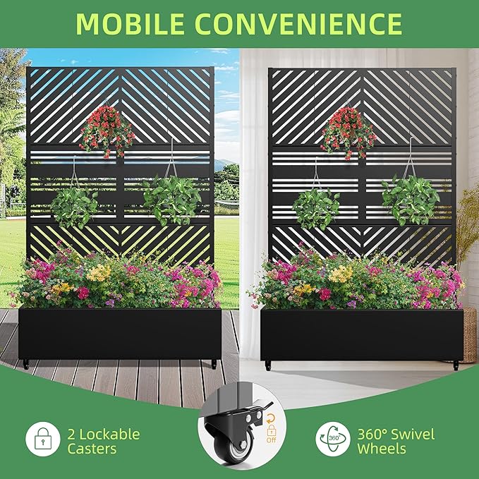 Casaphoria Metal Raised Garden Bed with Trellis and Wheels, 72"x47"x16" Planter Box for Climbing Plants, Vegetables & Vines, Features Drainage Holes and Privacy Screen, Black(Parallel&Harold)