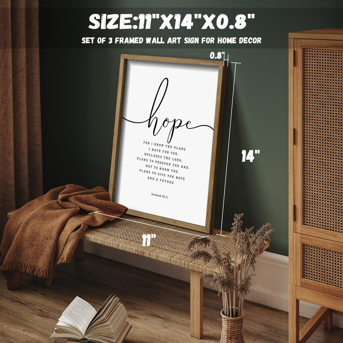 Houmury Set of 3 Framed Farmhouse Bible Verses Wall Decor Sign 11”x14” Christian Faith Scripture Wall Art for Home Bedroom Wall Decor (11"x14" Brown)