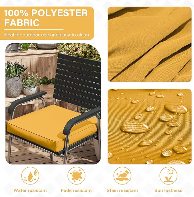 Patio Chair Cushions 17 X 16 X 3 Inch Waterproof Outdoor Seat Cushions for Patio Furniture, Outdoor Sofa Couch Pads with Ties & Handle, Set of 2, Yellow