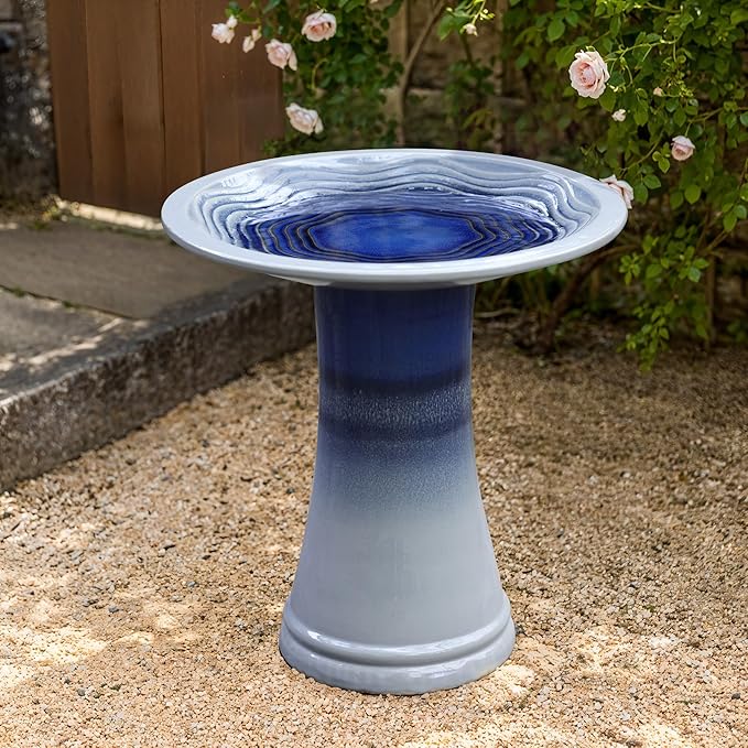 LuxenHome 18 Inch Ceramic Bird Bath for Outside, Elegant Tall Outdoor Bird Bath, Lightweight Pedestal Glazed Birdbaths for Outdoors with Swirl Pattern, Ombre Blue