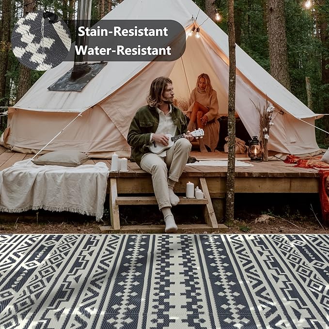 RV Waterproof Mat Outdoor Rugs 9'x12' for Patios Clearance Carpet Camping, Large Plastic Straw (9x12ft Geometric Boho Grey&White)