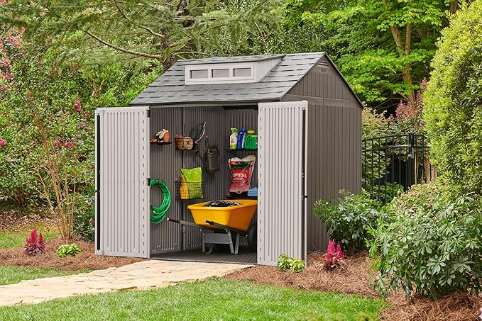 Rubbermaid Large Resin Outdoor Storage Shed With Floor (7 x 7 Ft.), Weather Resistant, Brown, Organization for Home/Lawn Mower/Backyard Equipment/Bike Storage/Pool Supplies
