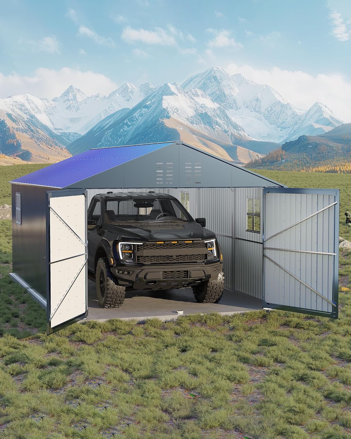 12x20 FT Metal Carport, Enclosed Car Port with Reinforced Frame and Steel Roof for All-Weather Use, Metal Garage Shed for Full-Sized Pickup Trucks