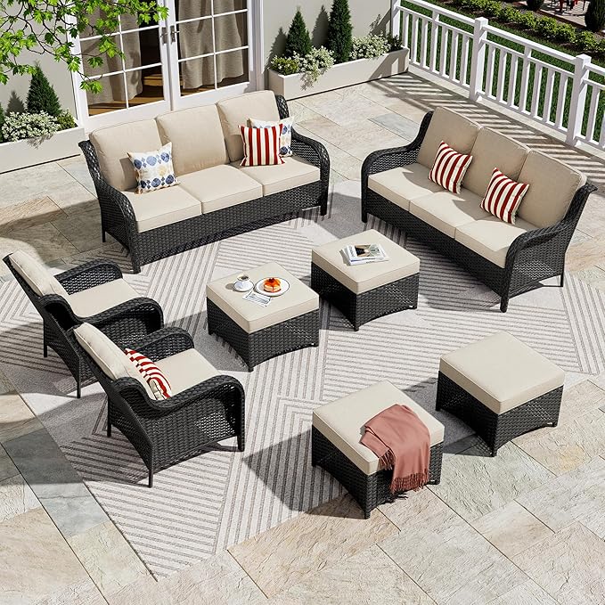 ovios 8 Pieces Patio Furniture Set, Outdoor Wicker Sofas with 2 Chairs, 4 Ottomans and Comfy Cushions, All Weather High Back Couch Set for Deck Porch, Brown Rattan, Beige