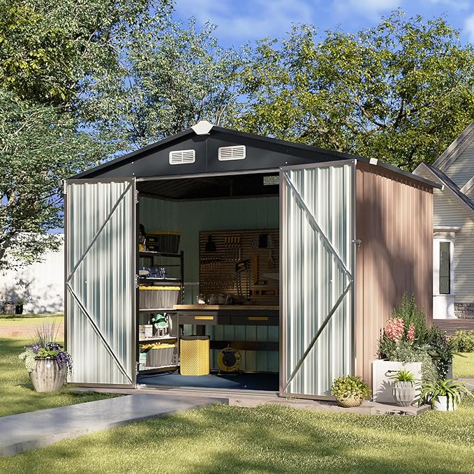 Aoxun 7x5 FT Outdoor Storage Shed with Floor Garden Metal Shed with Lockable Door Outdoor Large Shed for Tool, Garbage Can, Bike, Mower, Brown