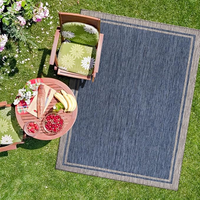 CAMILSON Outdoor Rug, 9x12 Bordered Navy Blue Gray Modern Large Area Rugs for Indoor and Outdoor Patios, Porches Waterproof Washable Porch Deck Outside Carpet (Bordered Navy, 9 x 12)