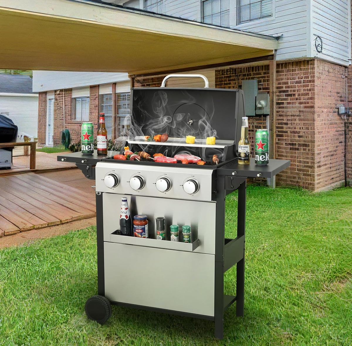 4-Burner Propane Gas BBQ Grill, 34,200 BTU Output, Wire Enamel Cooking Grates, Foldable Side Table and Hanging Basket, Stainless Steel Grill for Outdoor Cooking