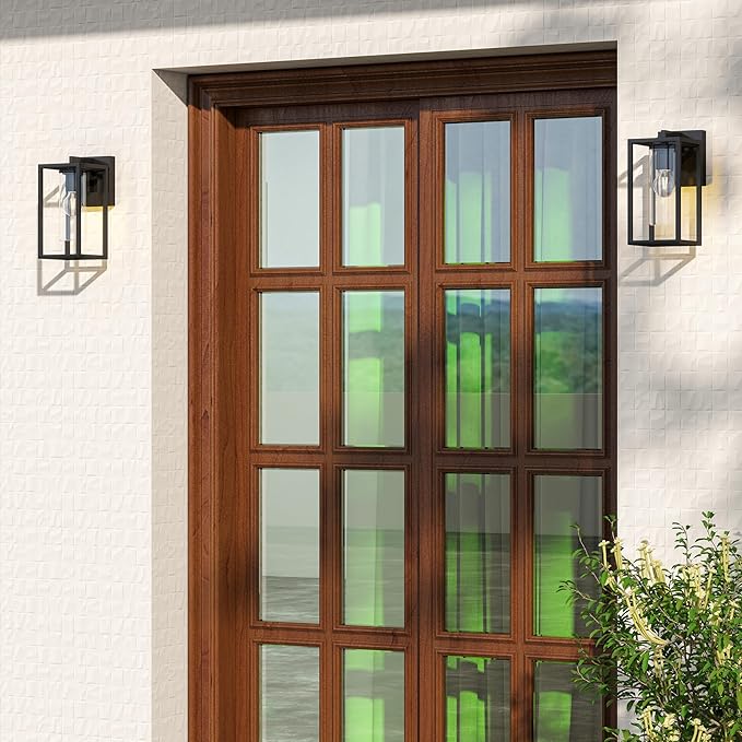 Pia Ricco Outdoor Wall Lights, Outdoor Wall Lantern with Circular Clear Glass Shade, Waterproof Exterior Lighting Fixtures, Modern Front Porch Lighting for House, Garage, E26 Base, ETL Listed, Black