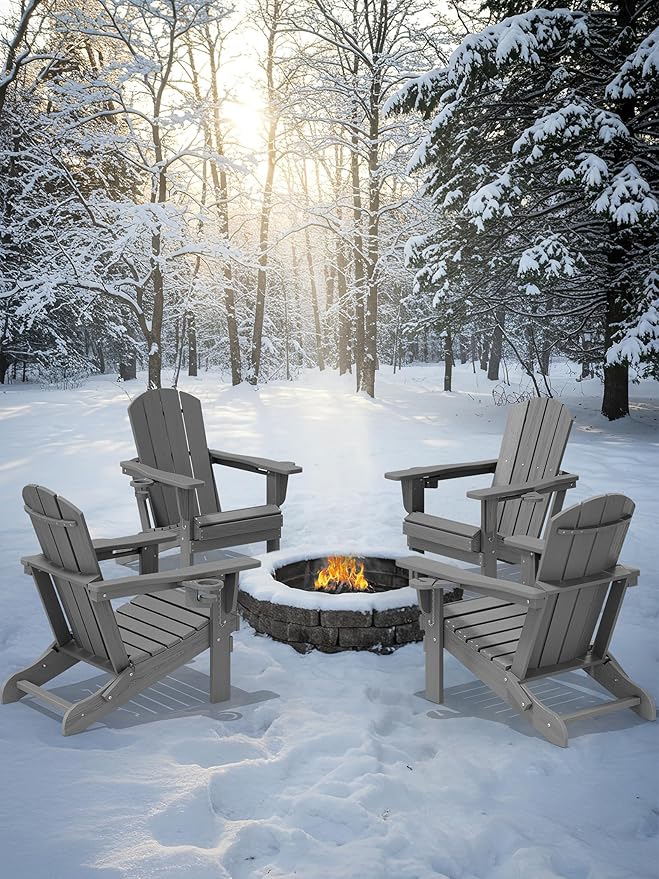 KINGYES Folding Adirondack Chair with Dual Cup Holders - HDPE All-Weather Outdoor Chairs, Grey