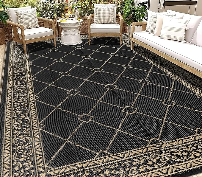 HEBE Outdoor Rug Waterproof 9x12, Reversible Plastic Straw Rug RV Camping Rug, Indoor Outdoor Patio Mat Clearance, Outside Carpet for Porch,Deck,Camper,Balcony,Backyard,Picnic