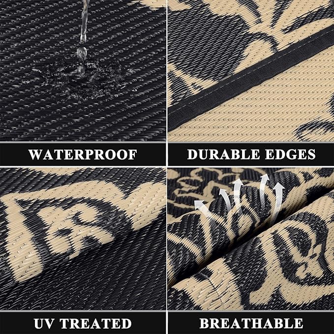 Pauwer Waterproof Outdoor Rug 6x9, Reversible Plastic Straw Patio Camping Rug, Indoor Outdoor RV Mat Carpet for Deck, Camper, Porch, Balcony, Backyard, Picnic, Boho Black Brown