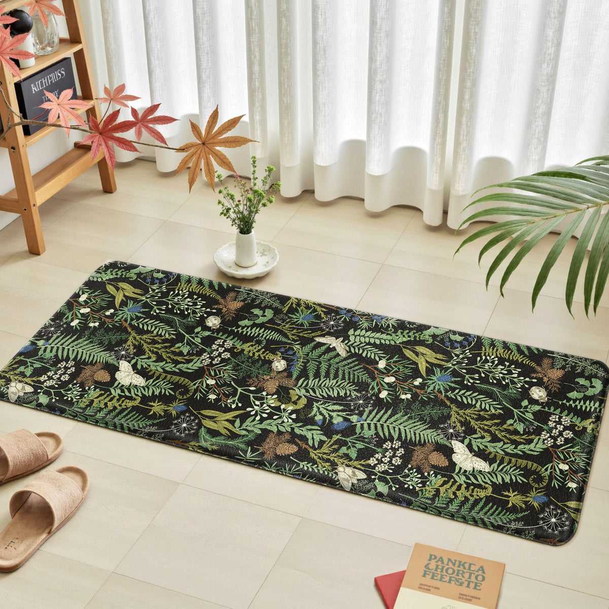 keensoft 2PCS Botanical Kitchen Rugs Set, Black Green 17.3"x28" + 17.3"x47"