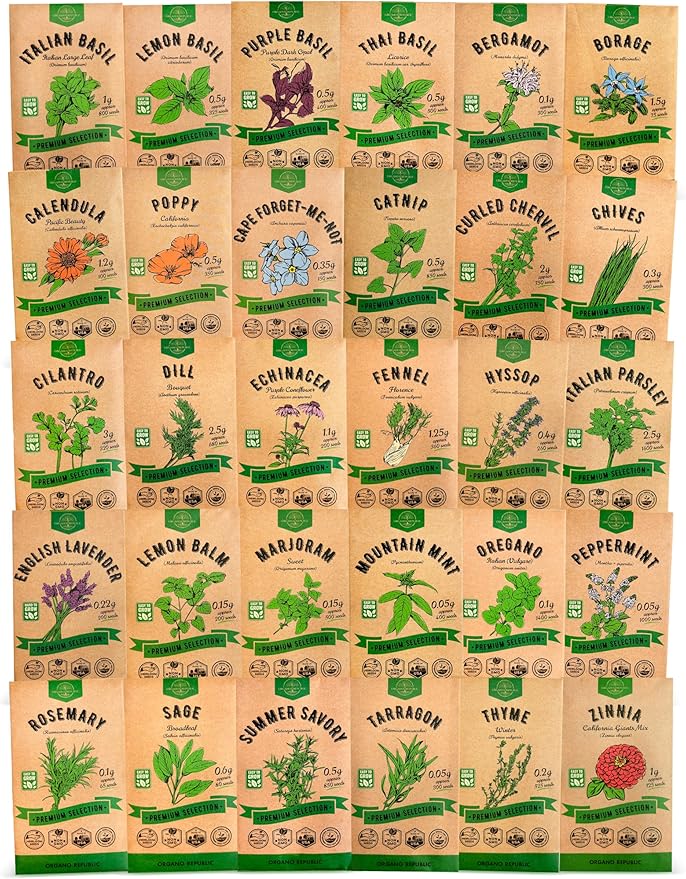 Organo Republic 30 Culinary Herbs & Edible Flower Seed Variety Pack- Indoor/Outdoor. 14000+ Non-GMO Heirloom Flower Seeds: Basil, Borage, Echinacea, Lavender, Oregano, Rosemary Seeds & More