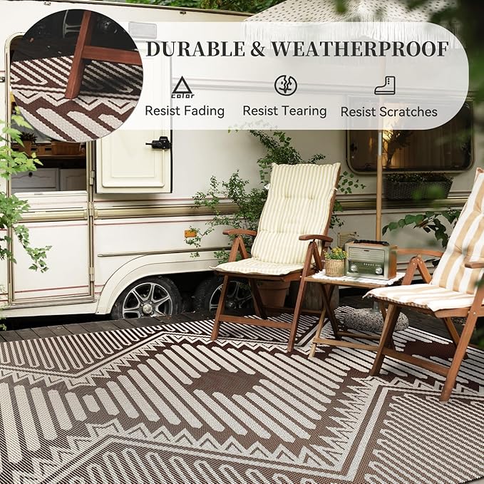 MontVoo Outdoor Rug-Waterproof Camping Rug Patio Rug Mat 6x9 Reversible Plastic Straw Outside Outdoor Rug for RV Camping Picnic Balcony Backyard Pool Deck Porch Modern Boho Beige Brown