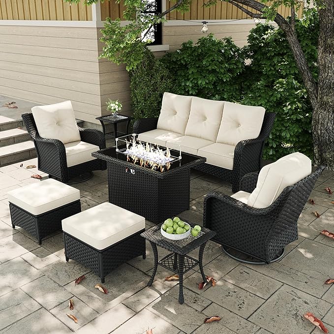 7 Pieces Outdoor Patio Furniture Sets with Rocking Swivel Chairs with 6-inch Thick Cushion and Fire Pit Table for Deck Lawn