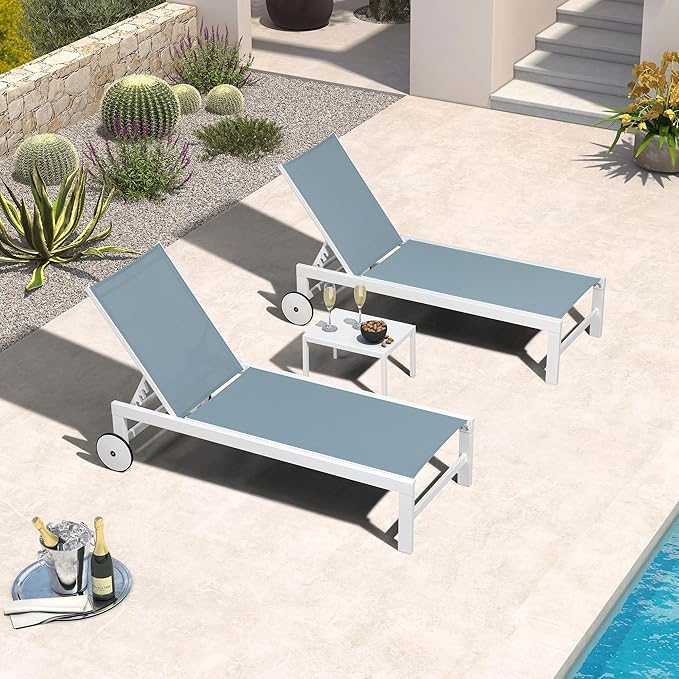 PURPLE LEAF Outdoor Chaise Lounge Set of 4 White Aluminum Lounge Chair Outdoor with Wheels Five-Position Adjustable Patio Lounge Chair for Pool Deck Yard, Steel Blue