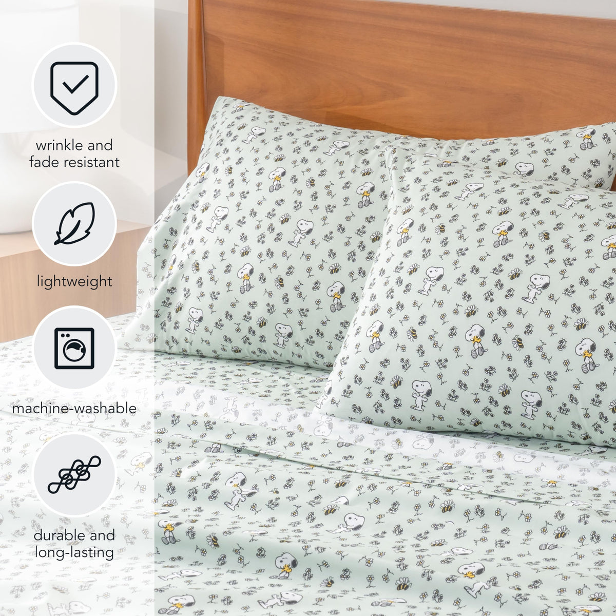 Berkshire Peanuts® Sheet Set Queen Size - 4 Pieces,Cute Character Snoopy Printed Soft Microfiber Bed Sheets,Mini Snoopy & Woodstock New Flower and Bees Sage