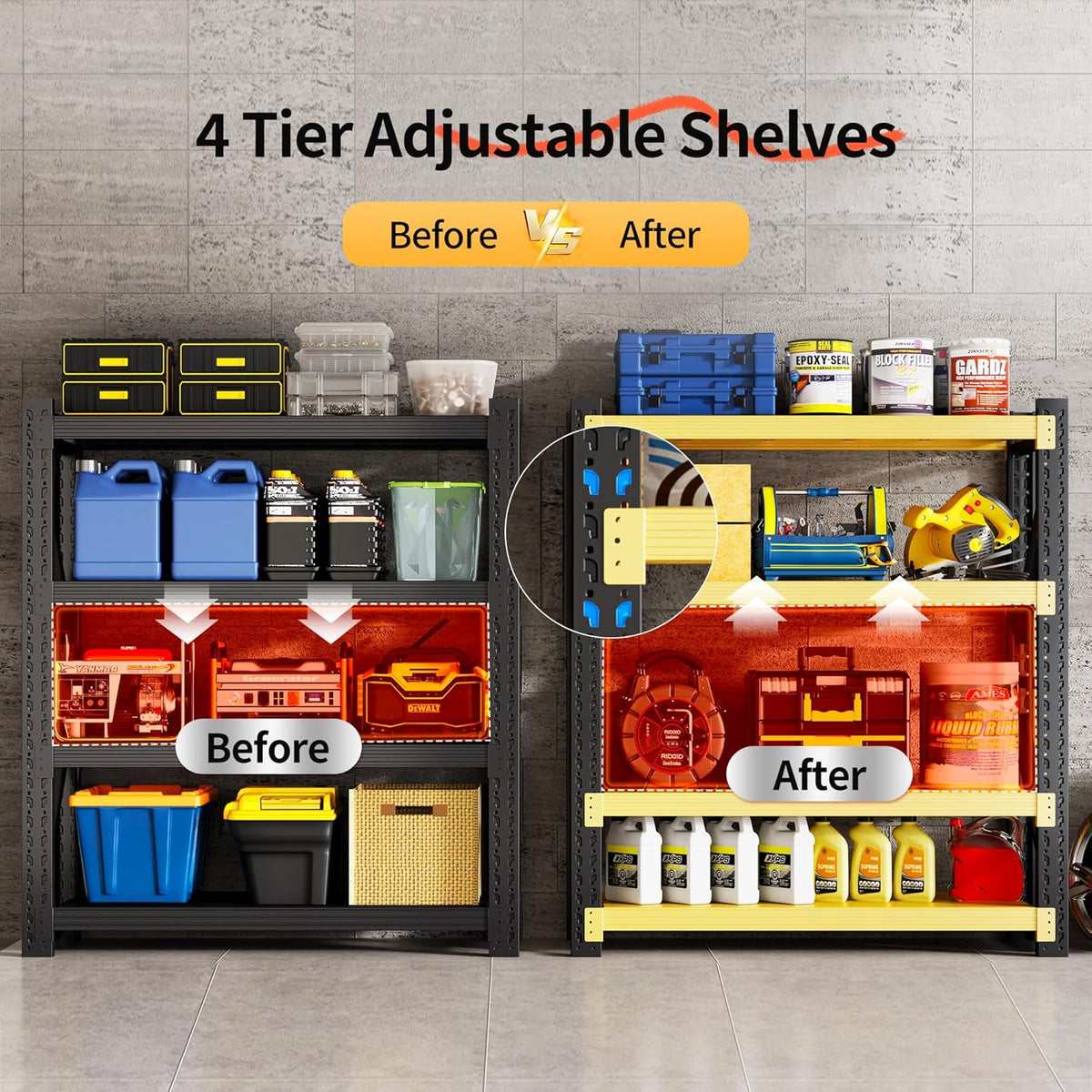 Garage Shelving Unit, 4 Tier Heavy Duty Racks, Easy Assembly, Metal Racks with Adjustable Shelves, 3000 LBS Load Capacity,for Warehouse,Basement (Black, 19.7" D x 41.3" W x 78.7" H)