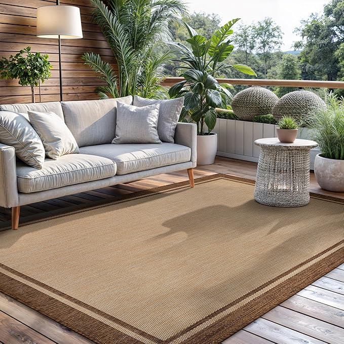 CAMILSON Outdoor Rug 6x9 Bordered Natural Brown Modern Area Rugs for Indoor and Outdoor Patios, Kitchen and Hallway Mats, Washable Porch Deck Outside Carpet (Border Jute, 6 x 9)