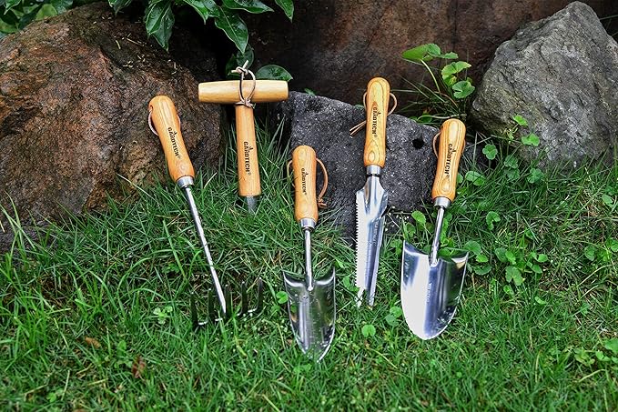Gardtech Garden Tool Set, 5 Pcs Gardening Tool Set with Weeder Puller, Dibber, Transplanter, Big Trowel, 5-Claw Cultivator - Wooden Handle Heavy Duty Stainless Steel Gardening Hand Tools