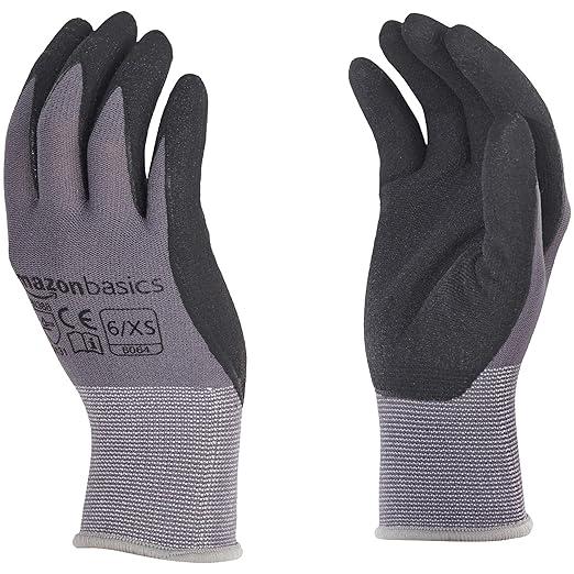 Amazon Basics Micro-Foam Nitrile Coated Work Gloves, Nylon Liner Fiber, Touch Screen, Grey, Size 6/XS, 12-Pair