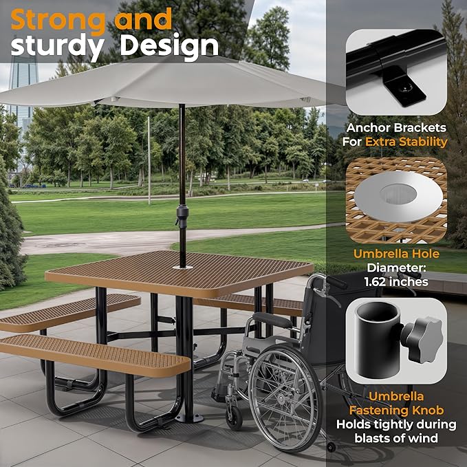 Metal Picnic Tables for Outdoors with Umbrella Hole - Coated Steel Heavy Duty Commercial Grade Table with Adjustable Seats (Brown, 46 in, Square, Expanded Steel)