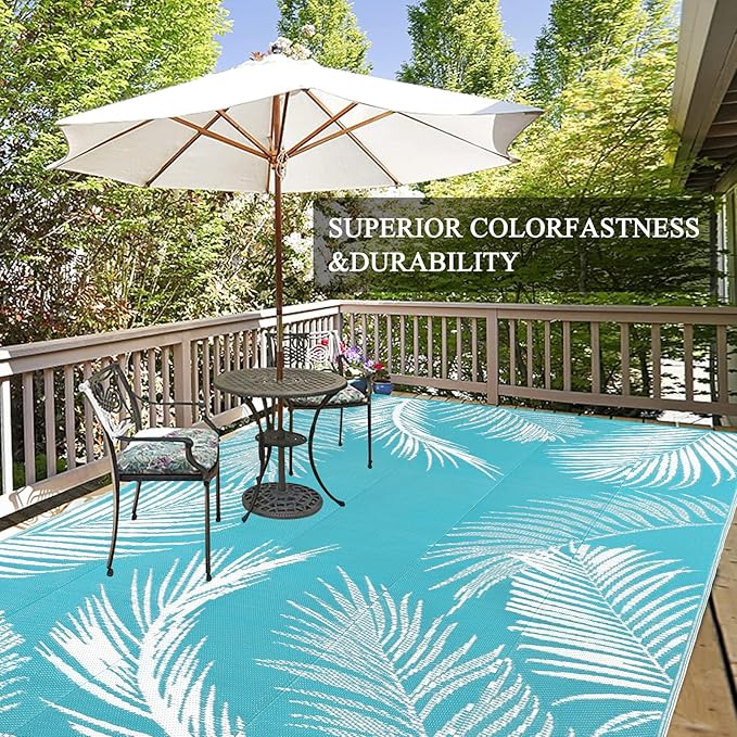 Pauwer Waterproof Outdoor Rug 10x14, Reversible Plastic Straw Patio Camping Rug, Indoor Outdoor RV Mat Carpet for Deck, Camper, Porch, Balcony, Backyard, Picnic, Leaf Teal