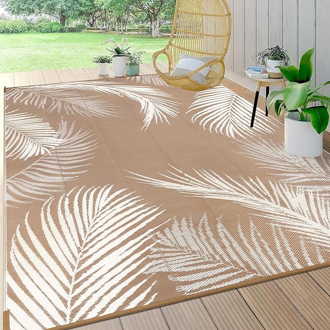 Pauwer Waterproof Outdoor Rug 8x10, Reversible Plastic Straw Patio Camping Rug, Indoor Outdoor RV Mat Carpet for Deck, Camper, Porch, Balcony, Backyard, Picnic, Leaf Brown