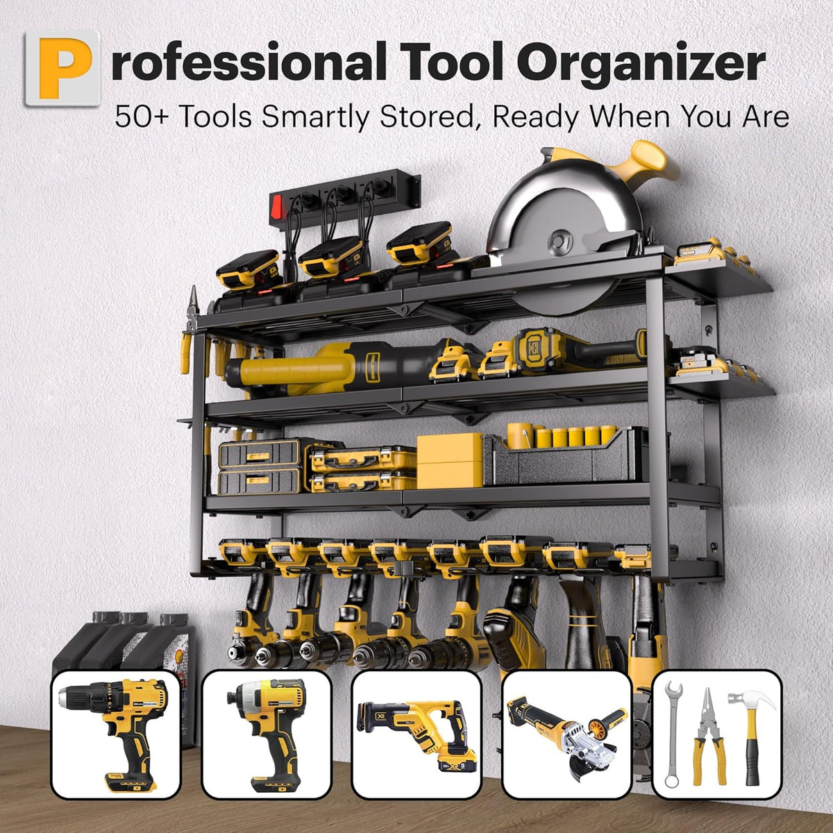 Power Tool Organizer Wall Mount with Charging Station, 4 Layer 8 Slots Cordless Drill Holder for Garage Storage, Utility Racks Max 420lbs Load With 6 Outlet Power Strip for Fathers Men Gift