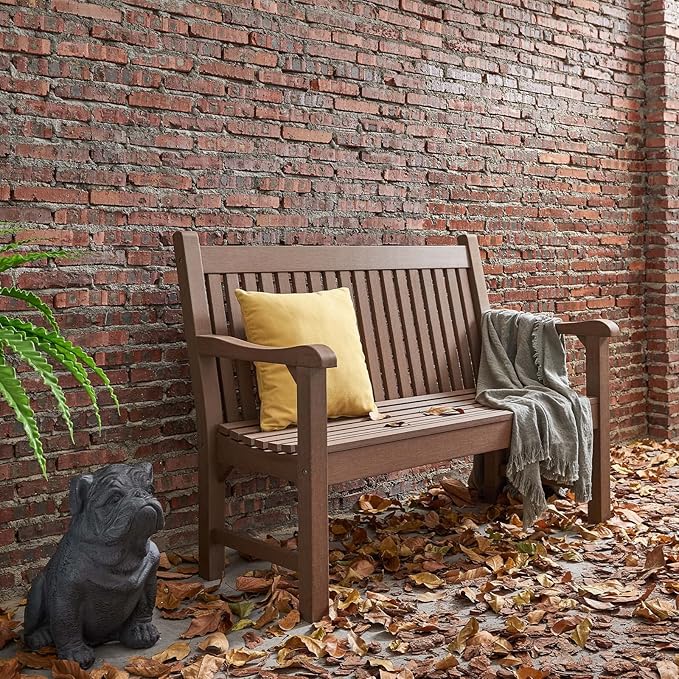 Psilvam Garden Bench, 2-Person Poly Lumber Patio Bench, All-Weather Outdoor Bench That Never Rot and Fade, Suit for Garden, Porch and Park(Brown)