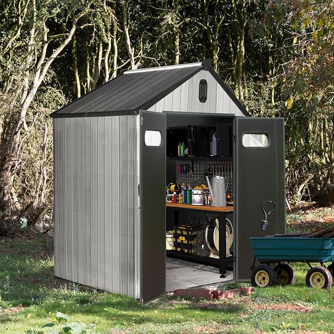 Domi 6x4 FT Outdoor Resin Storage Shed, All-Weather Double-Wall Storage Building for Backyard, Garden, Lawn Tools, Mower, Bike & Pool Equipment, Lockable Doors, Ventilated Roof, Grey